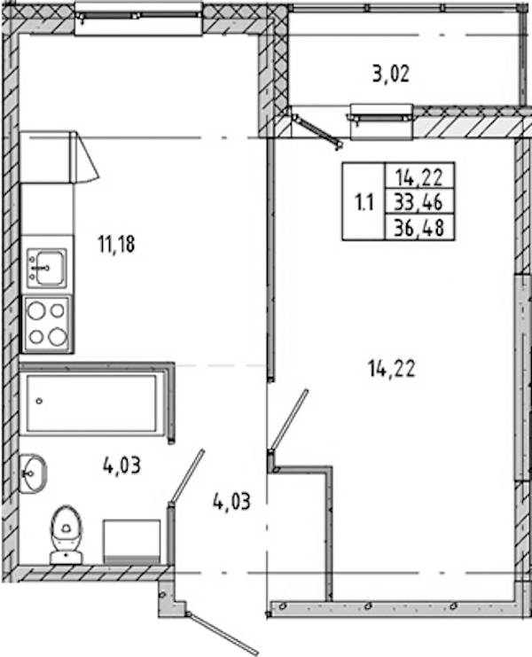 1-комнатная квартира 32.69 м², 13/17 эт., ЖК «Новые горизонты 2»
